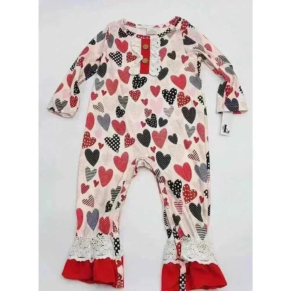 Boutique Girl's 24M Valentine Heart Long Sleeve Romper with Lace and Ruffles NWT